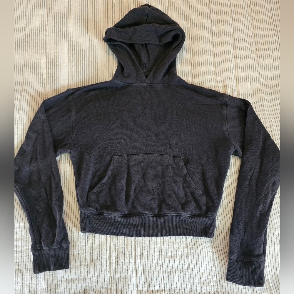 SKIMS Black Hooded Waffle-Knit Cropped Sweatshirt